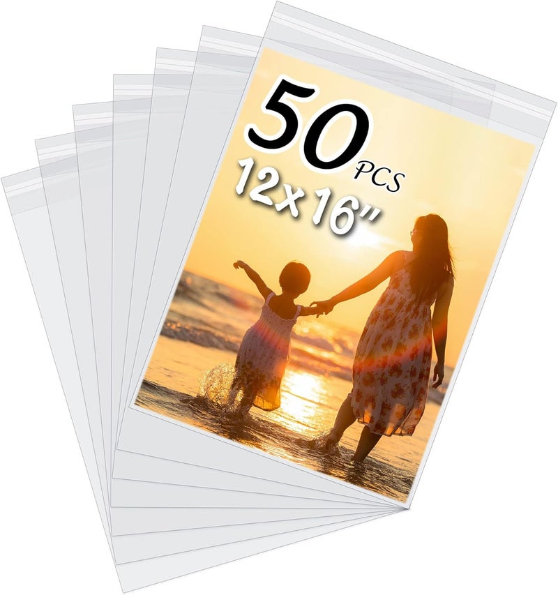 Somime 50 Pack Acid-Free Crystal Clear Sleeves Storage Bags for 12x16 Art Prints/Pictures/Photos/Framing Mat Mattes (Bag Size: 12 2/5" x16 1/2") - Image 1